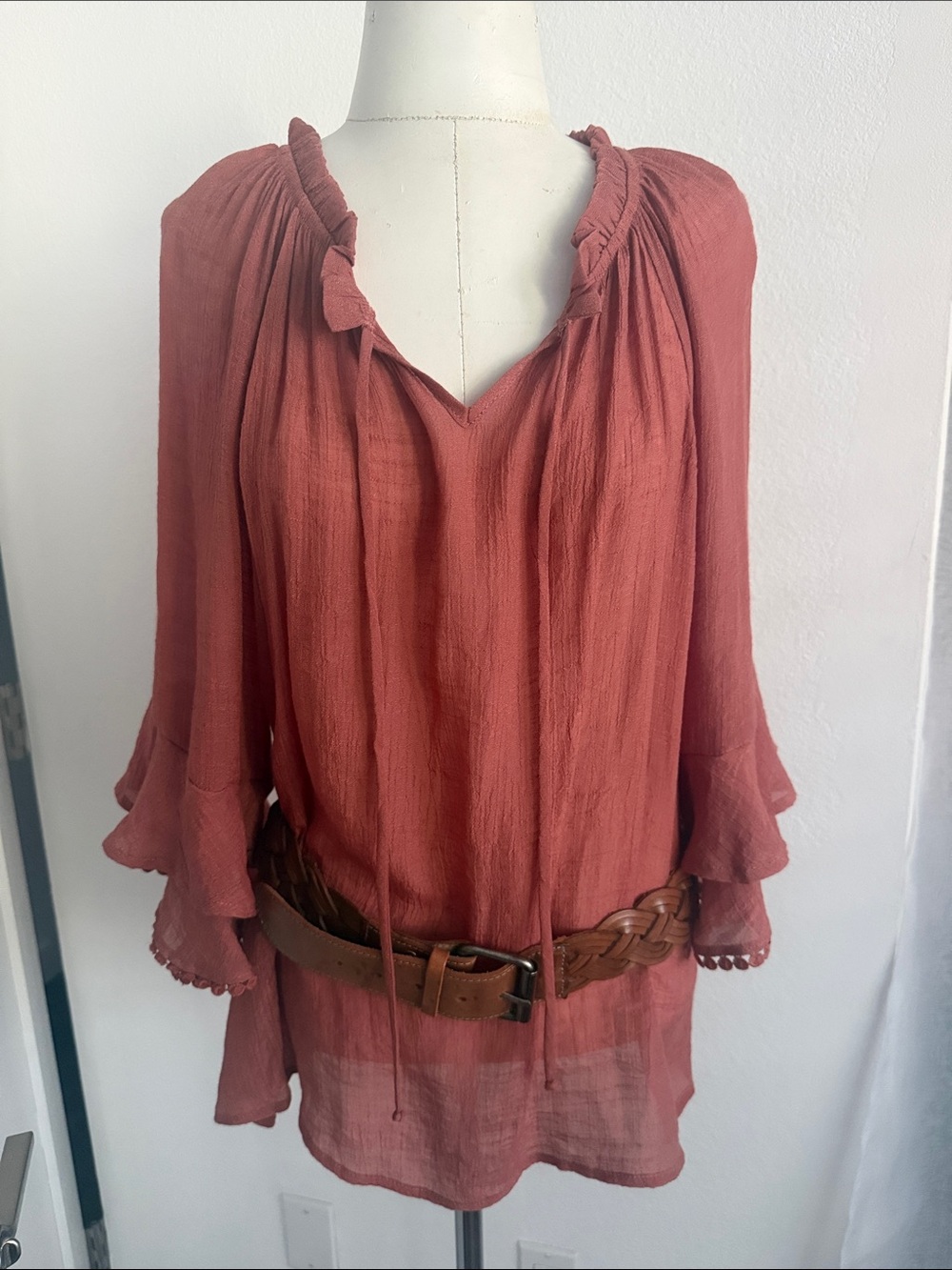 NAIF Rust Red Peasant Tunic with Ruffle Sleeves